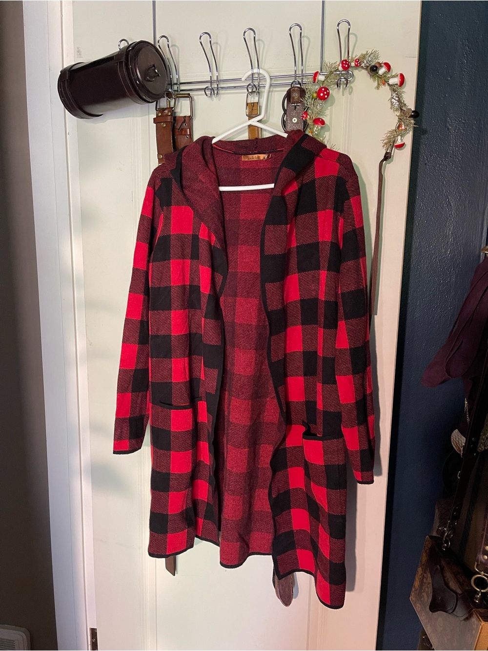 Red and Black Buffalo Plaid Hooded Cardigan